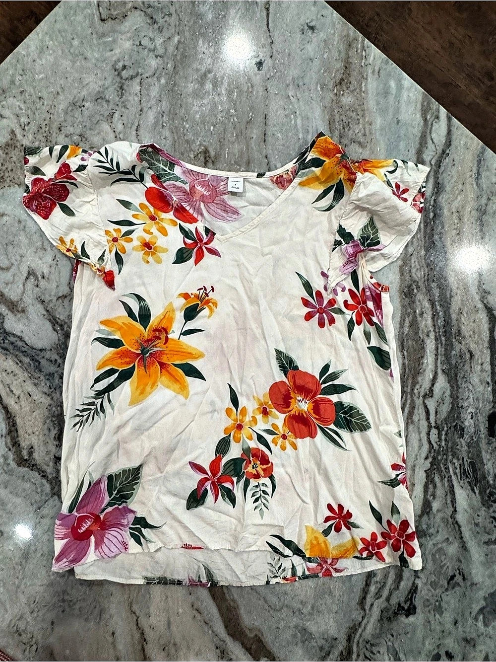 Old Navy Flutter-Sleeve Floral-Print Swing Blouse White & Orange Small
